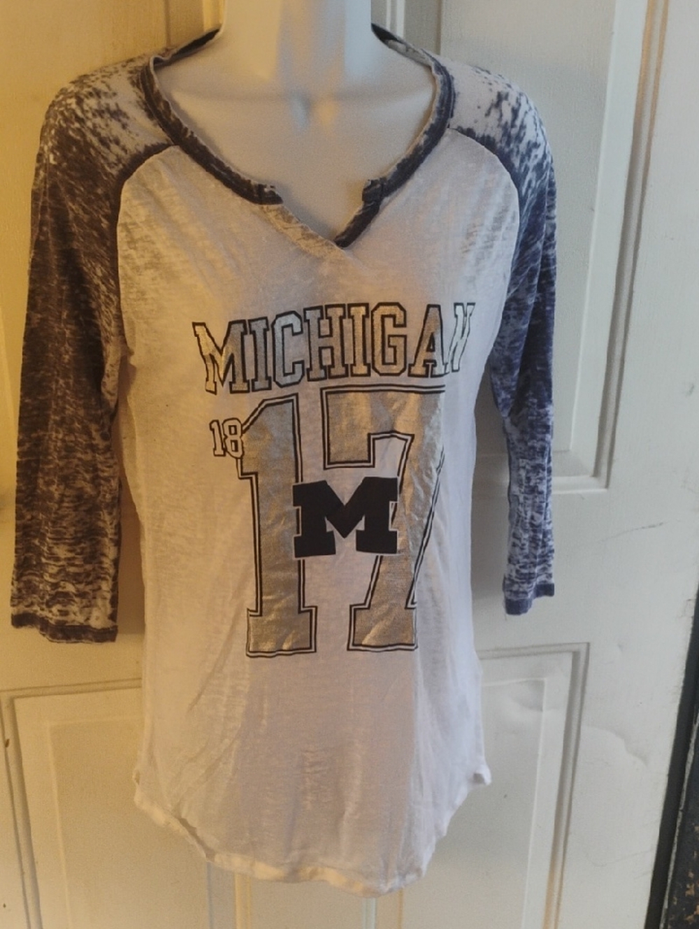 White and Navy Michigan Raglan Tee ( Sheer )